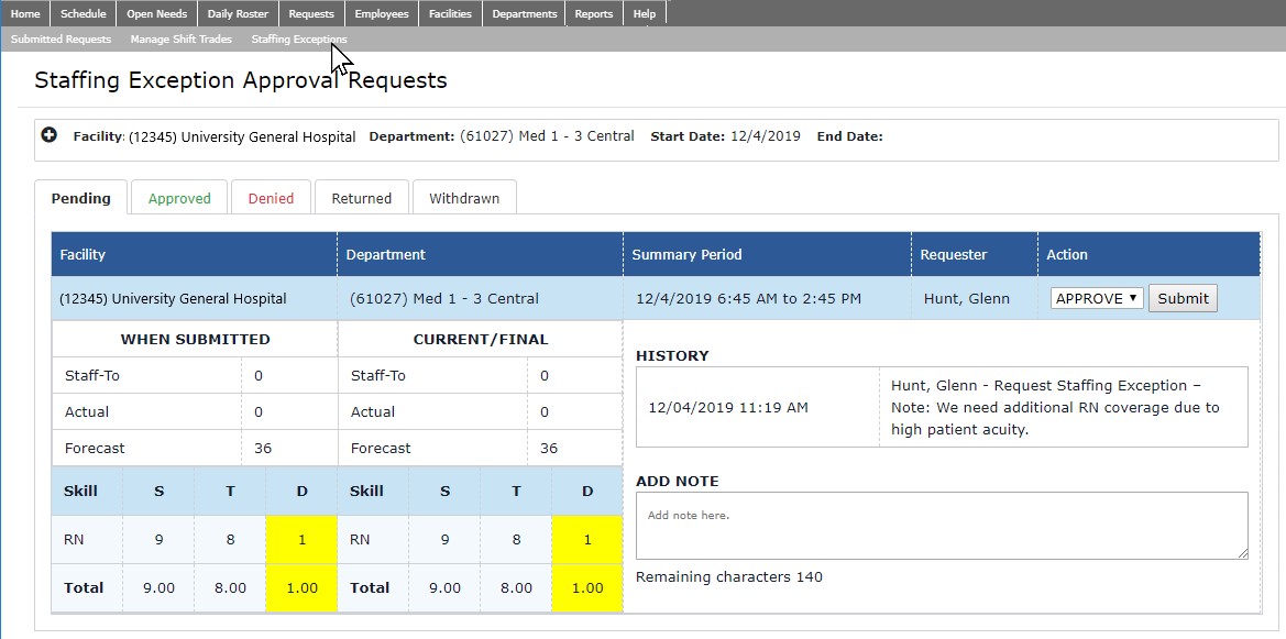 Example: Pending Staffing Exception Approval Request